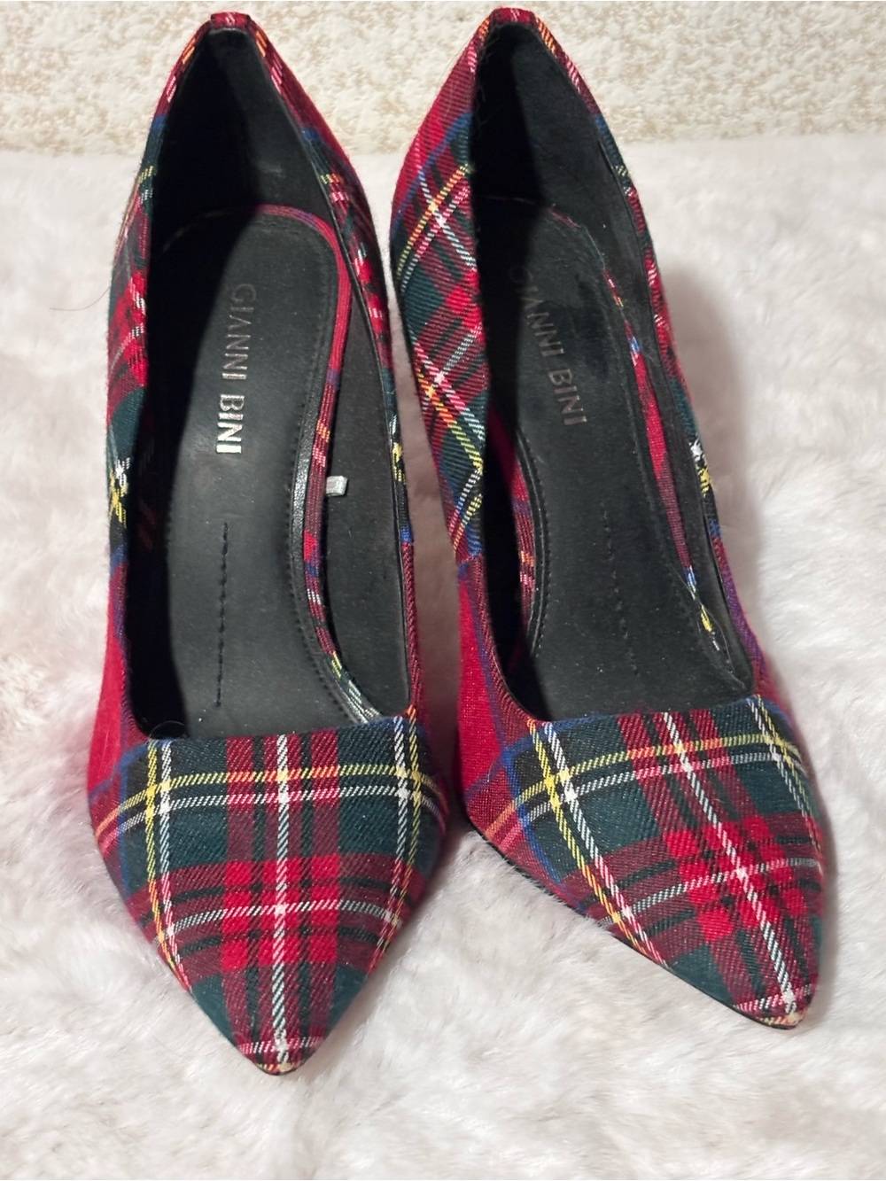 Gianni Bini Red Plaid Pointed Toe Pumps with Green & Yellow Accents